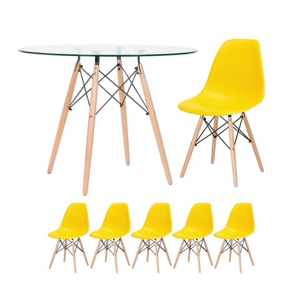 KIT - Mesa de vidro Eames 100 cm + 5 cadeiras Eiffel DSW amarelo