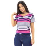 Blusa Feminina Estampada Listrada Manga Curta Gola Chocker Rosa, P