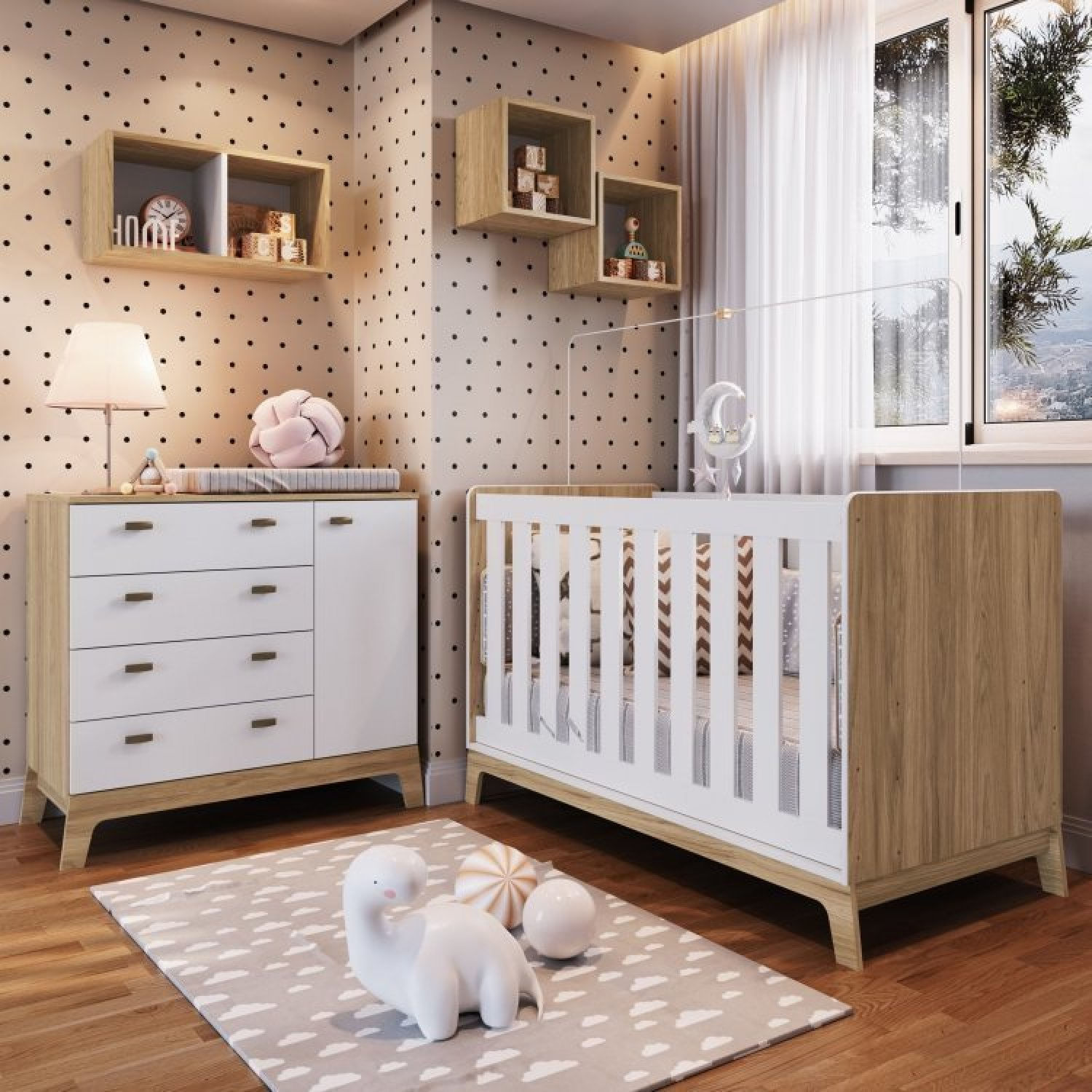 Quarto De Bebê 5 Peças Com Berço 3 Em 1 Cômoda E Nichos Favo De Mel