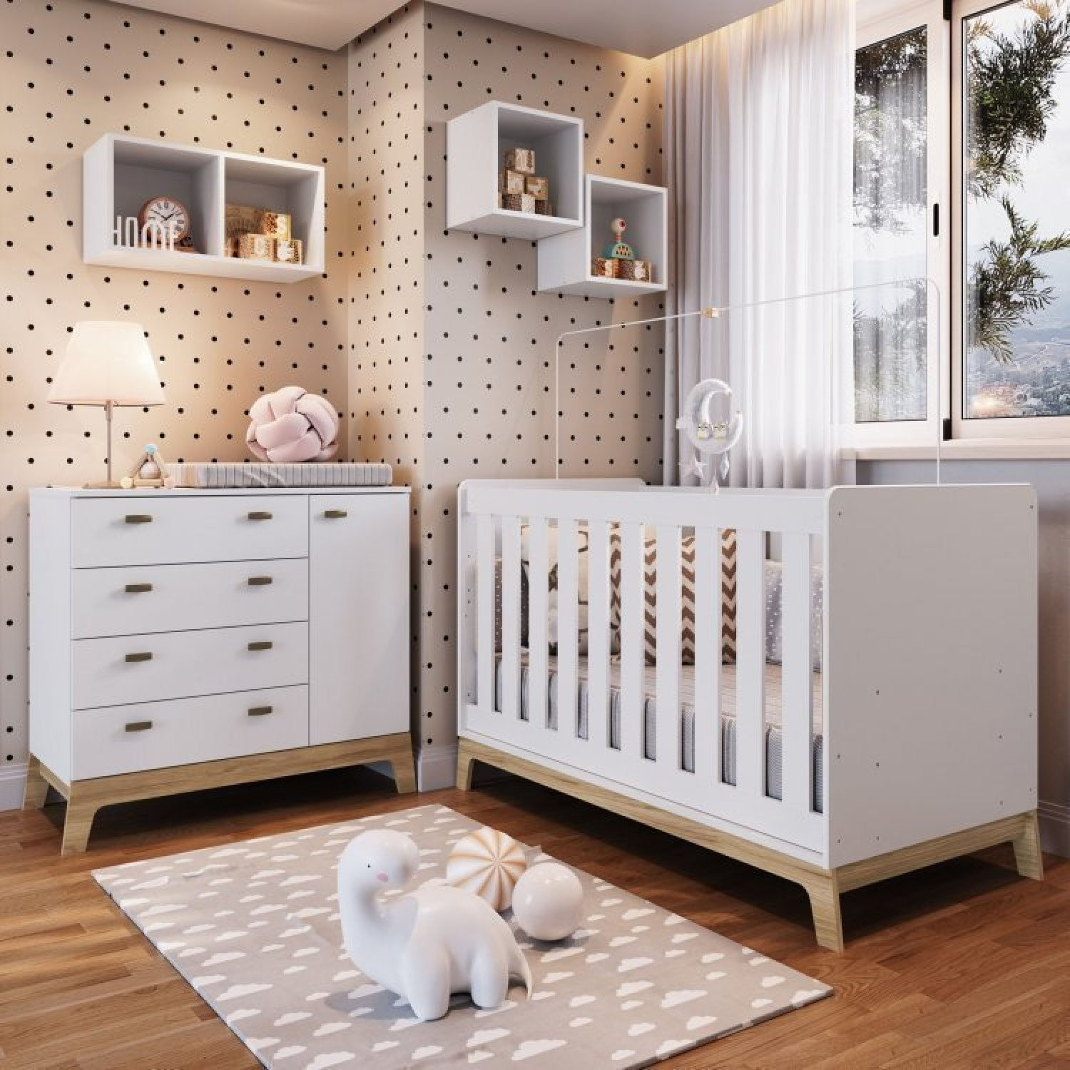 Quarto De Bebê 5 Peças Com Berço 3 Em 1 Cômoda E Nichos Favo De Mel