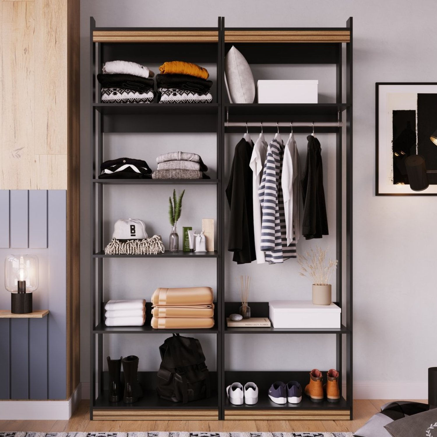 Guarda Roupa Aberto Closet 1 Modulo Cabideiro 1 Modulo Prateleira Wood