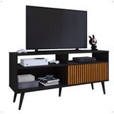 Rack Bancada Home Samba Estante Tv 55 Polegadas Nicho Organizador Porta Correr Sala Quarto Pequeno Retrô - Preto/Ripado - RPM