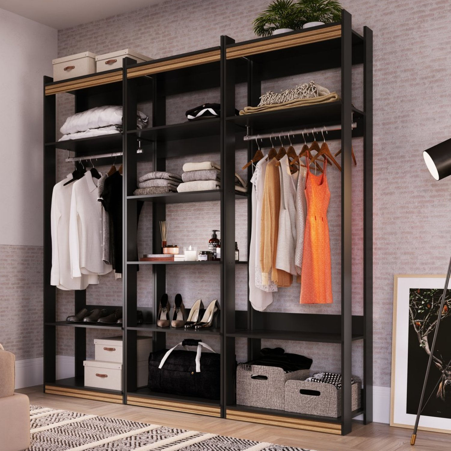 Guarda Roupa Aberto Closet 2 Modulos Cabideiro 1 Modulo Prateleira Wood