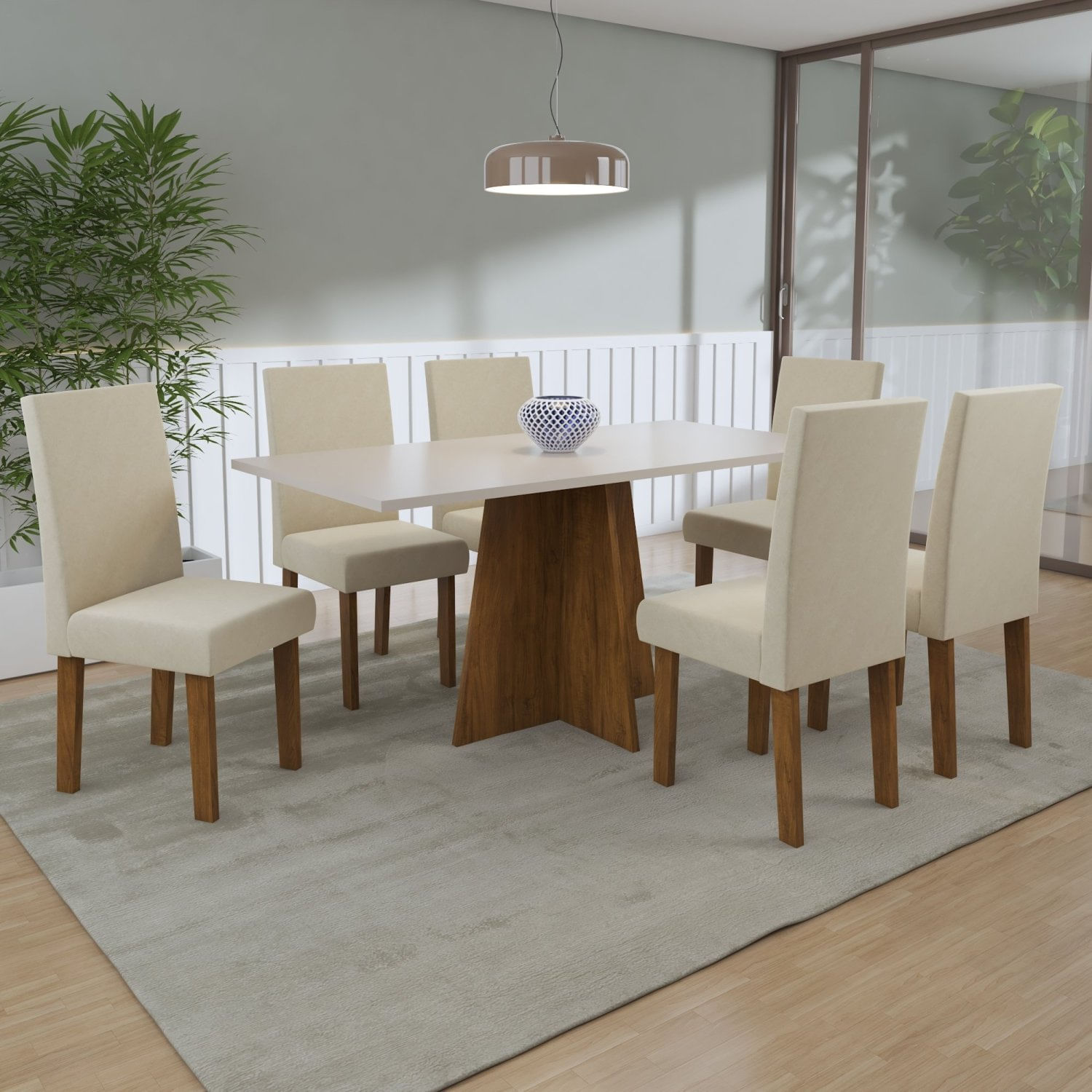 Conjunto Sala De Jantar Amalia 1 Mesa 160cm Com 6 Cadeiras Vênus  Móveis Pinho/blonde/bege