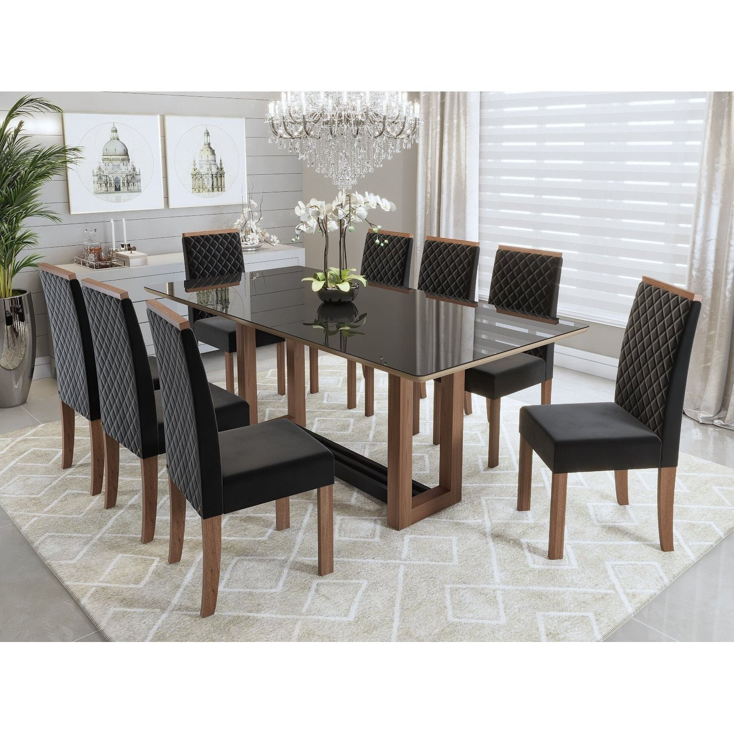 Conjunto Mesa Tampo Com Vidro Com 8 Cadeiras Madeira Maciça Taeda Julia Louise  Nogal/preto