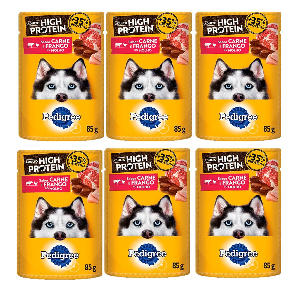 Kit 6un. Ração Úmida Pedigree High Protein Sachê Cães Adultos Carne E Frango Ao Molho 85g