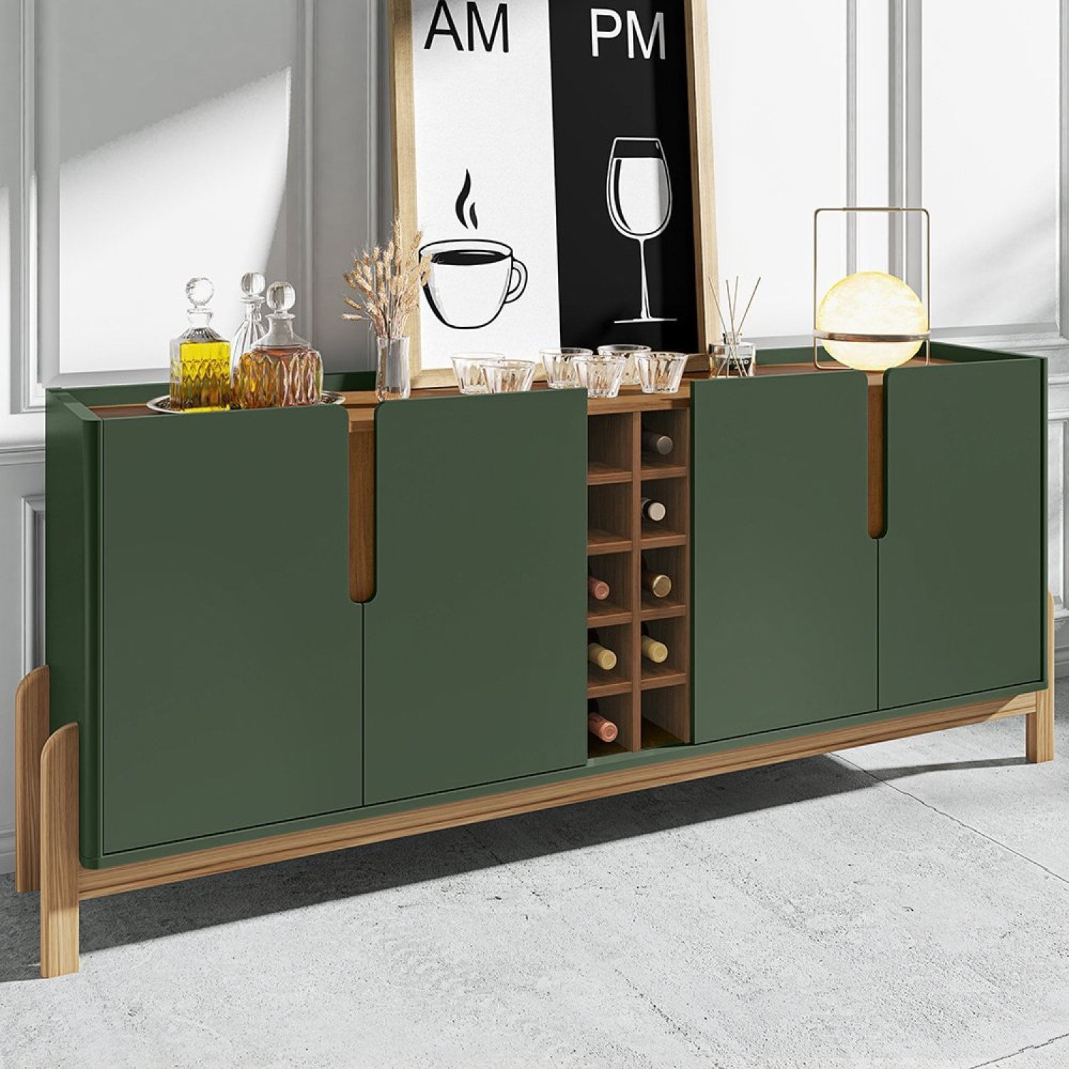 Buffet Aparador 190cm 4 Portas Com Adega Lizz  Verde Oliva/cedro