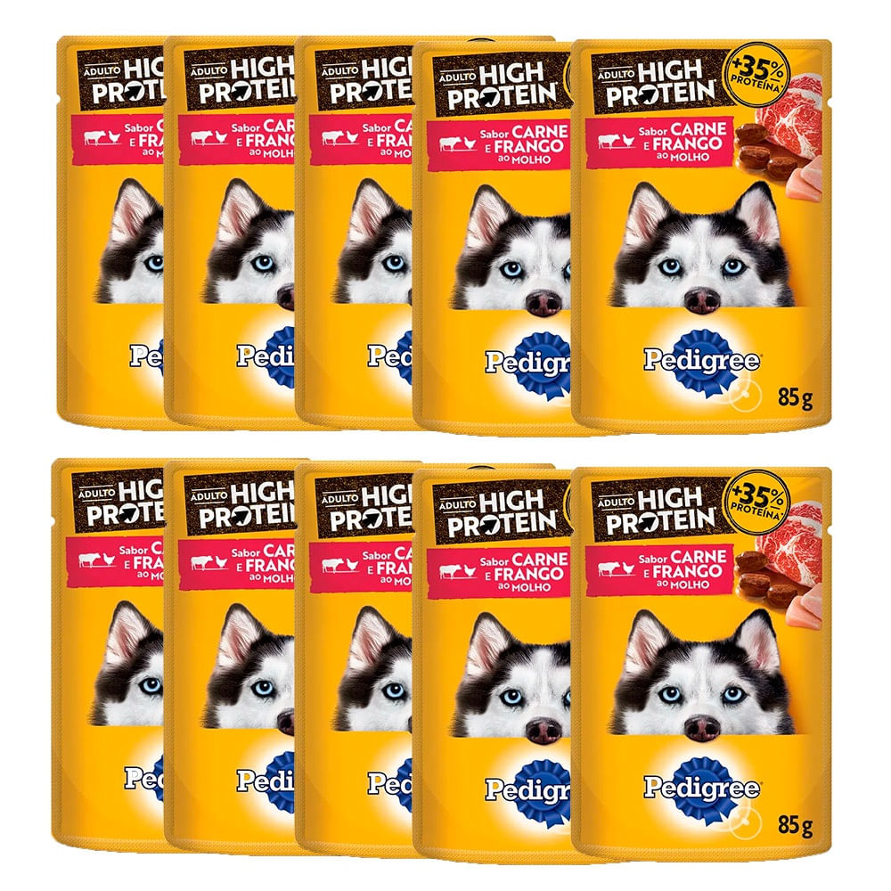 Kit 10un. Ração Úmida Pedigree High Protein Sachê Cães Adultos Carne E Frango Ao Molho 85g