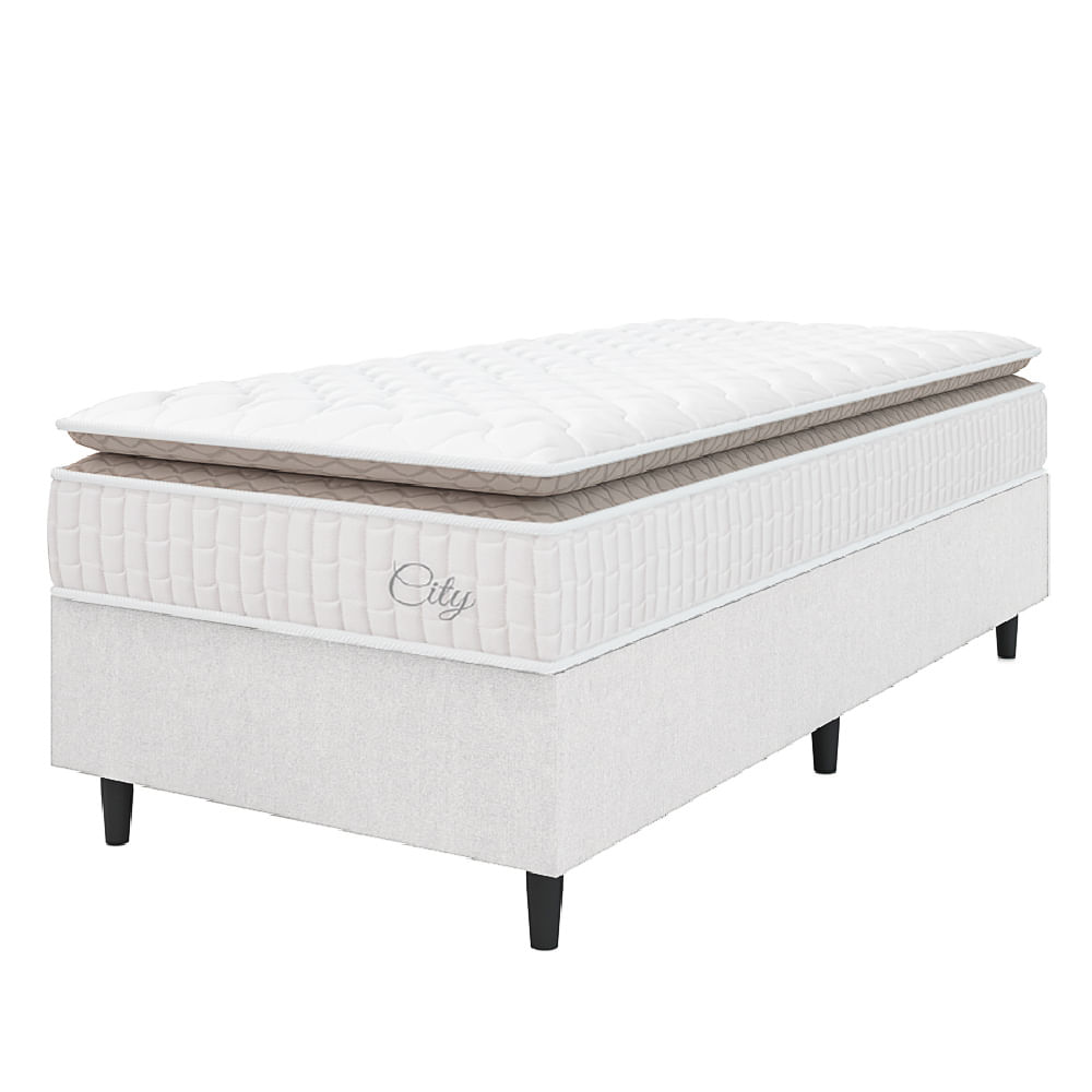 Cama Box Colchão Solteiro Molas Ensacadas City Pillow Top 88x188x61cm Linho Branco / Bege Hellen - Suporta Até 110kg Por Pessoa