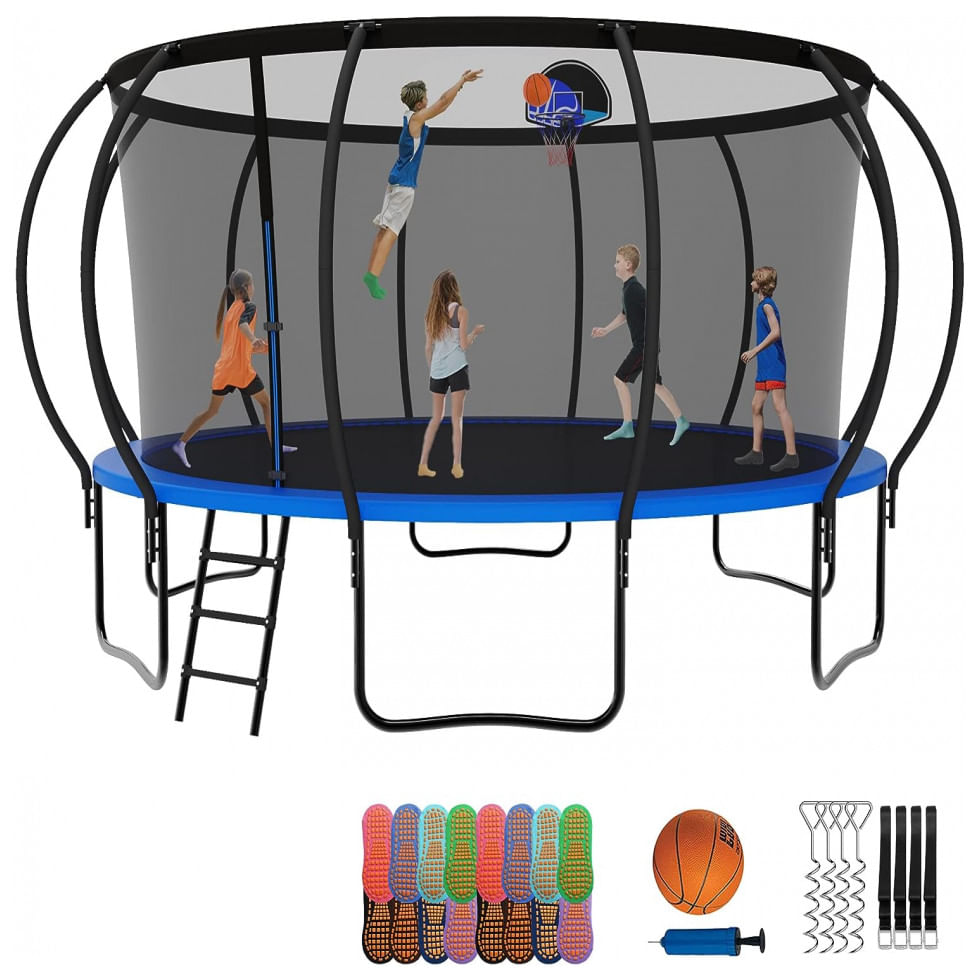 Cama Elastica Capacidade Até 680 Kg Com Cesta De Basquete E Pólos Curvos, Elitezip, Azul