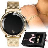 Relogio Feminino Digital Aço Inox Strass + Pulseira + Colar Strass Original Redondo Social