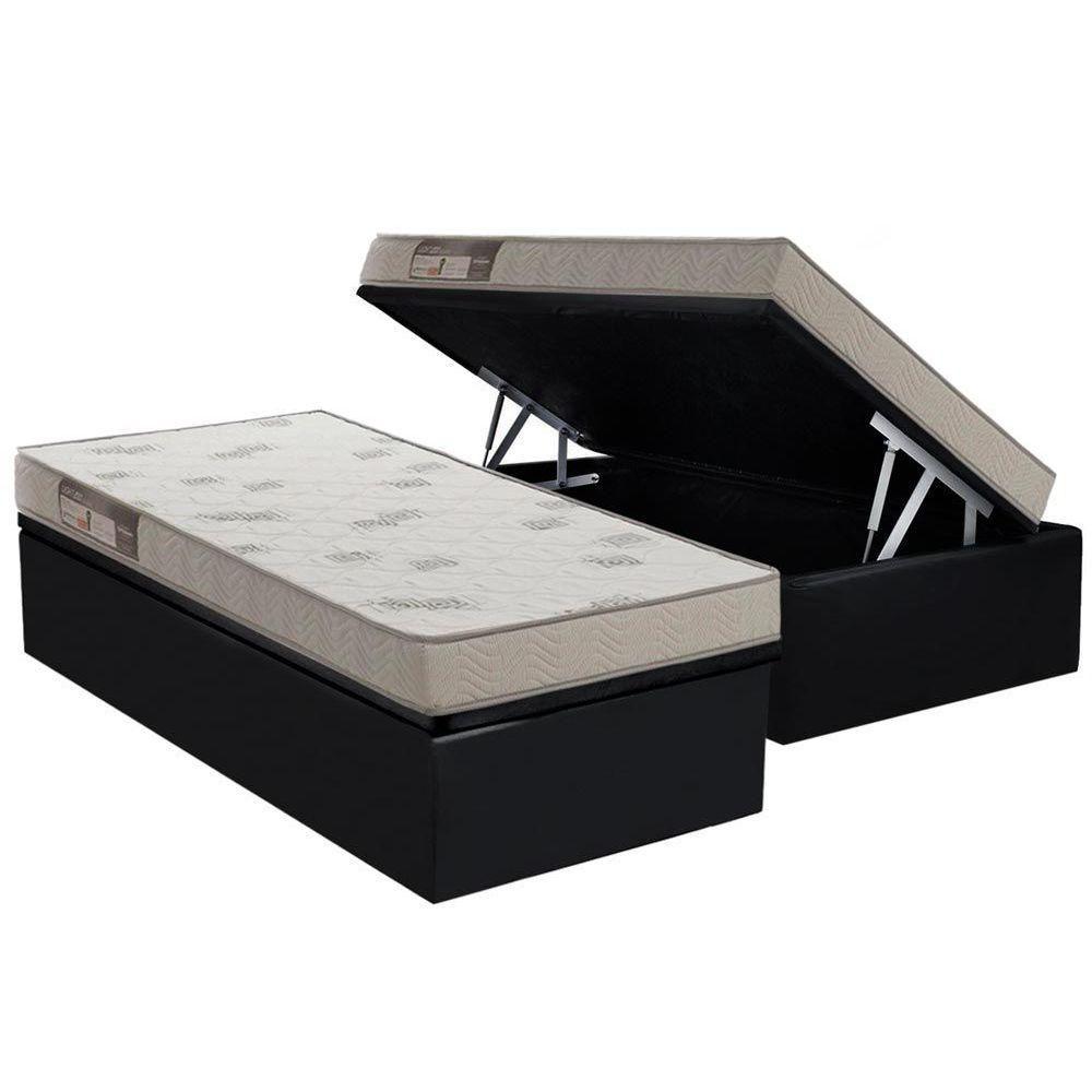 Cama Box Baú Solteiro: Colchão Espuma Ortobom D23 Light Saúde + Base Crc Courano Black(88x188)