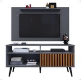 Rack Bancada Estante Painel TV Smart 48 Polegadas Home Pequeno Nicho Porta Correr Pés Palito Retrô Sala Quarto Samba Cinza/Ripado- RPM