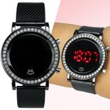 Relogio Feminino Strass Aço Preto Digital Led Casual Ajustavel Redondo Social Presente