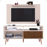 Rack Bancada Estante Painel TV Smart 48 Polegadas Home Pequeno Nicho Porta Correr Pés Palito Retrô Sala Quarto Samba Off White/Ripado - RPM