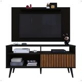 Rack Bancada Estante Painel TV Smart 48 Polegadas Home Pequeno Nicho Porta Correr Pés Palito Retrô Sala Quarto Samba Preto/Ripado - RPM