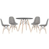 Mesa Redonda Eames 90 Cm Preto + 4 Cadeiras Estofadas Eiffel Botonê Cinza