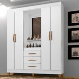 Guarda Roupa Casal Canela Mdf 4pts 3gav Com Espelho Madeform Branco