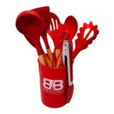 Conjunto De Utensílios De Cozinha De Silicone Com Madeira, 10 Unidades Vermelhas