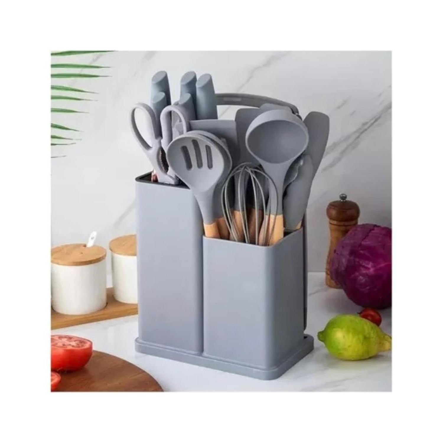 Conjunto De Utensílios De Cozinha De Silicone Com Suporte De Madeira 19 Peças