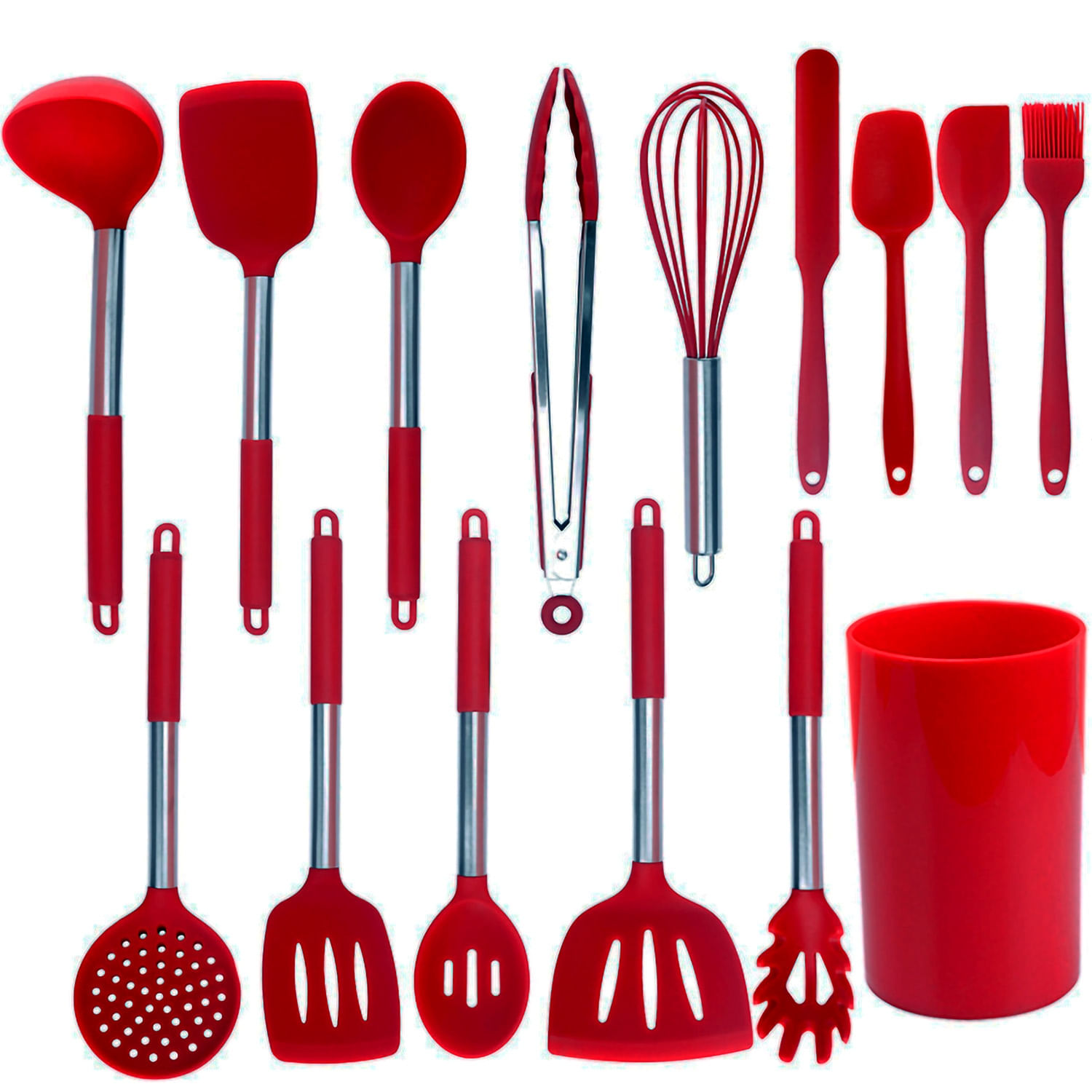 Conjunto De 14 Utensílios De Cozinha De Silicone Antiaderente E Copo De Armazenamento