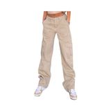 Calça Cargo Feminina De Cintura Alta Elástica Cáqui