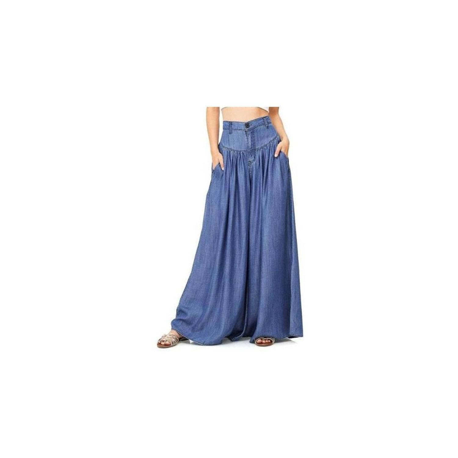 Calça Jeans De Moda Feminina De Cintura Alta E Perna Larga Azul