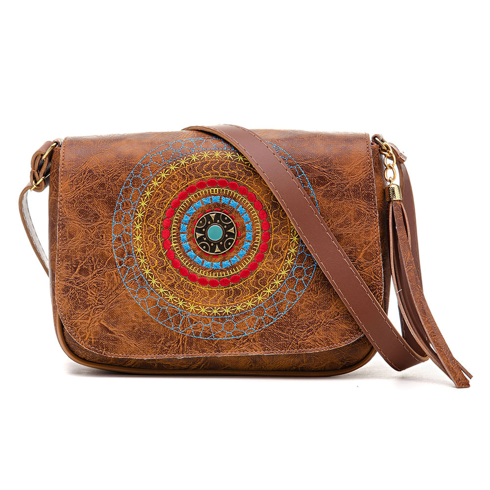 Bolsa Flap Pequena Com Bordado Mandala Feminina Alça Transversal Moderna Tassel Dia A Dia Viagem