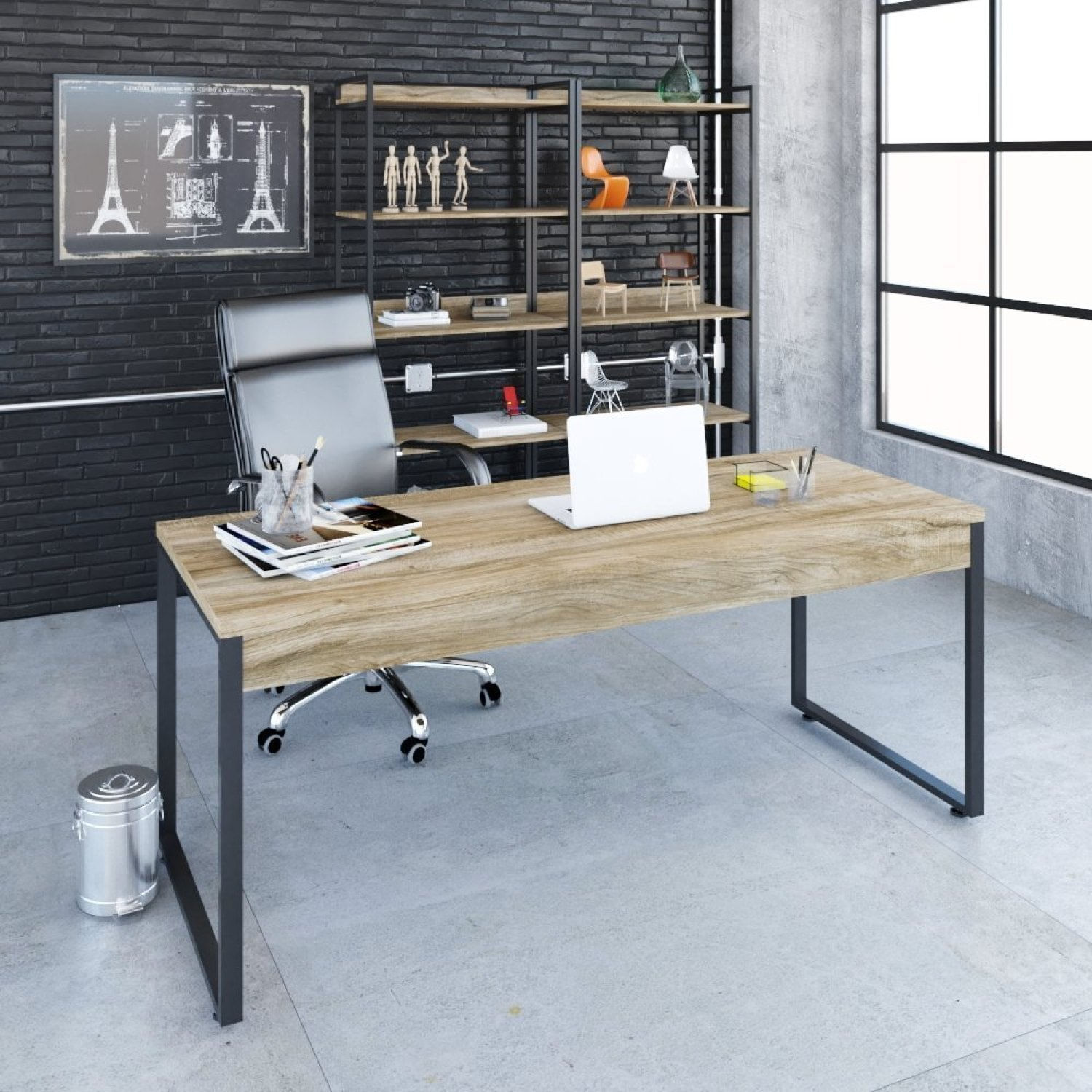 Mesa Para Escritório Diretor Estilo Industrial 180cm Kuadra  Carvalho