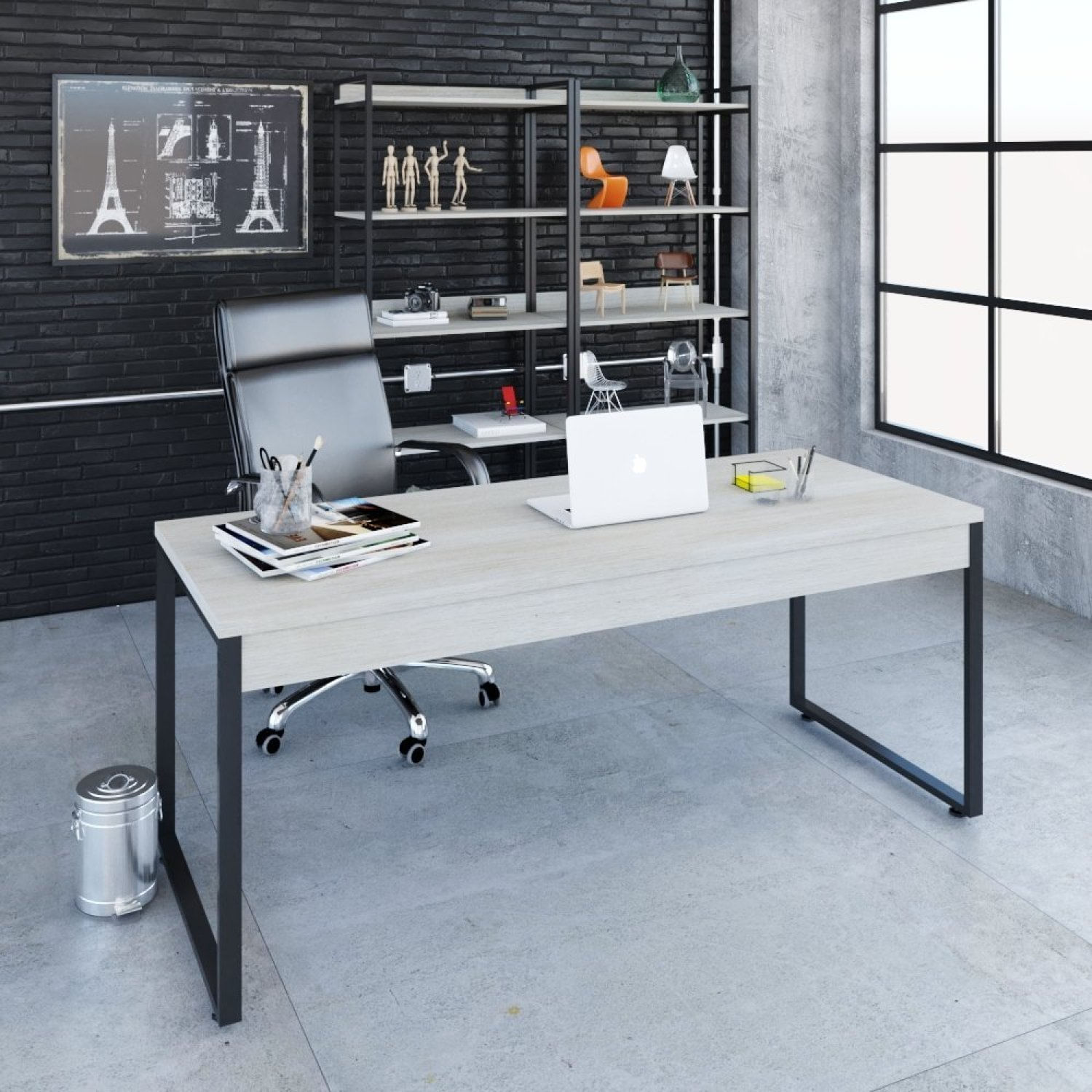 Mesa Para Escritório Diretor Estilo Industrial 180cm Kuadra  Snow