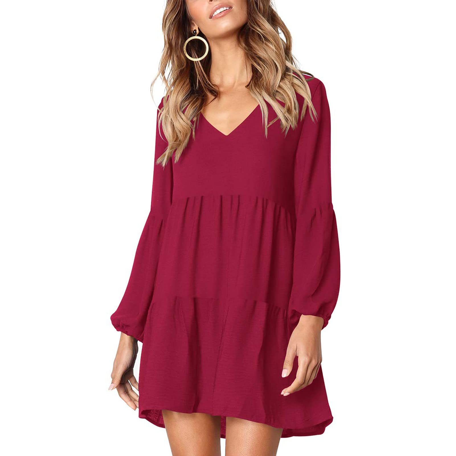 Vestido Feminino Gototop Com Decote Em V, Babado, Casual, Manga Comprida, Vermelho