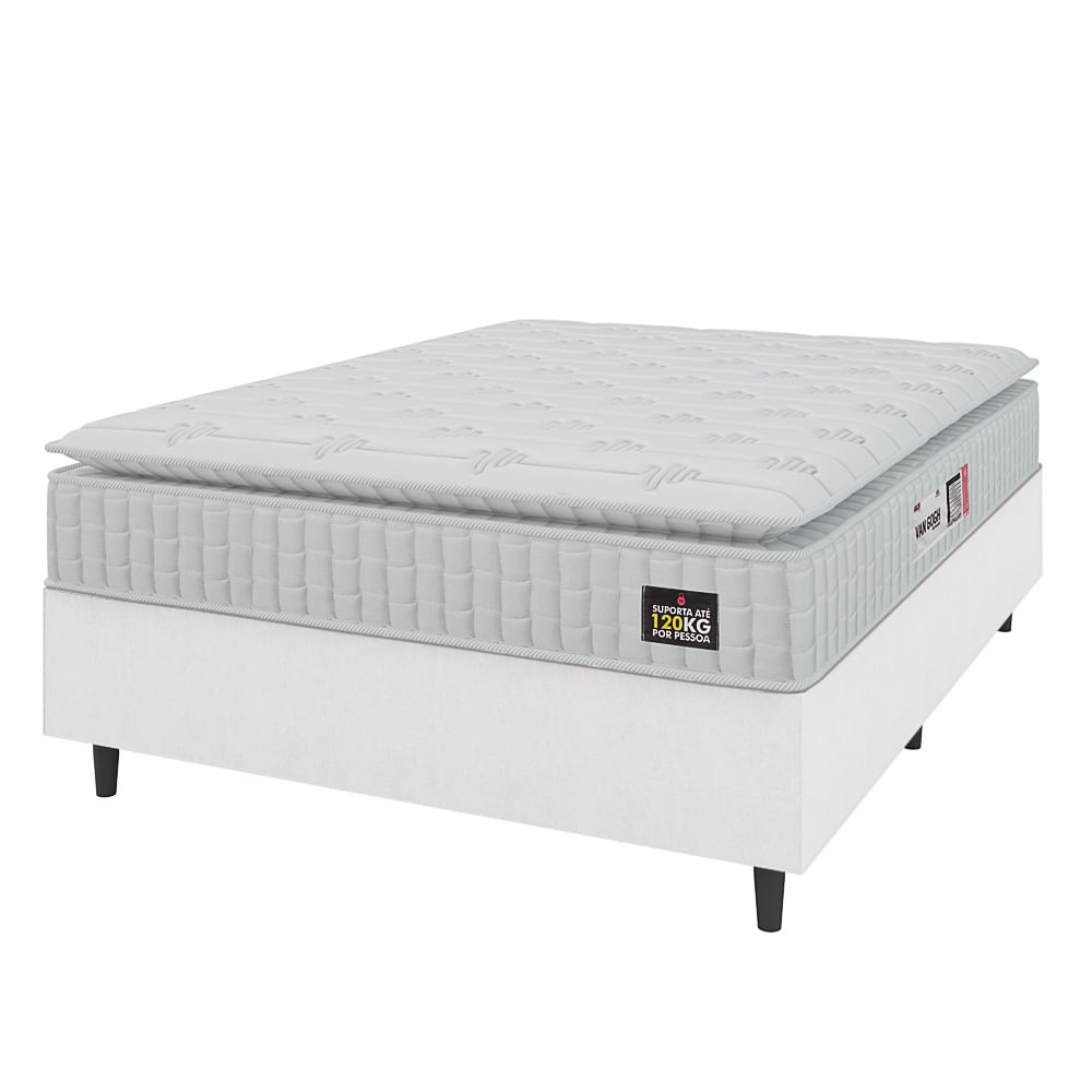 Cama Box Colchão Casal Espuma D33 Vangogh Pillow Top 138x188x67cm Linho Branco Hellen - Suporta Até 120kg Por Pessoa