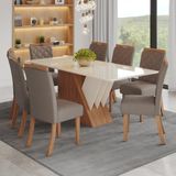 Conjunto Sala De Jantar 200 Cm Canto Reto Com Vidro 8 Cadeiras Nicole Espresso Móveis Nature/off White/ Marrom Amêndoa