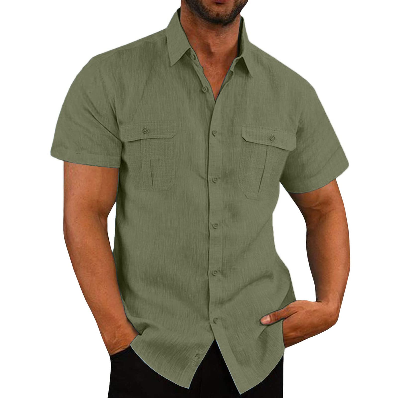 Camisa Sodopo 2024 Masculina De Linho De Manga Curta Verde Militar Xl