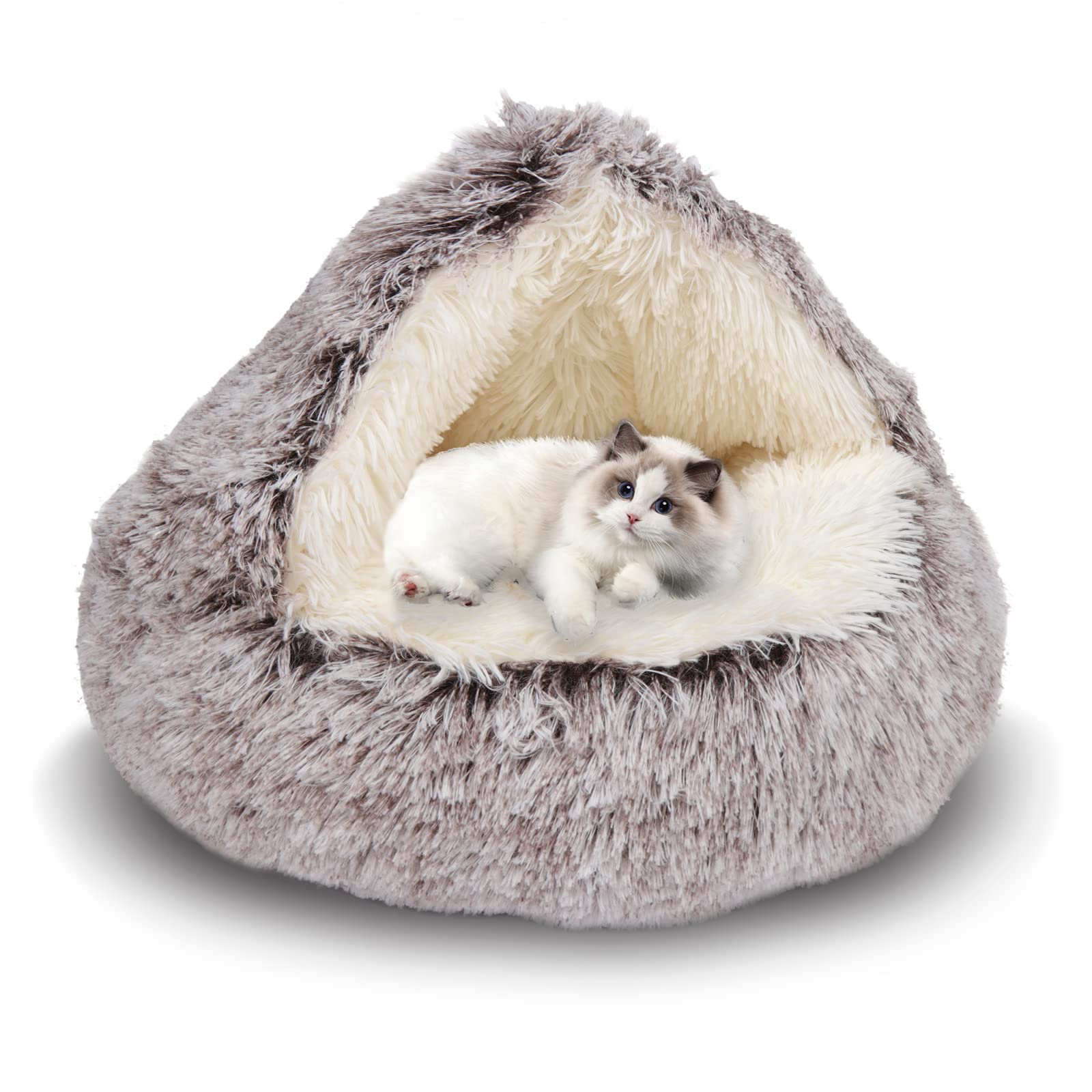 Cama Para Animais De Estimação Shinhye, Redonda De Pelúcia, Fofa, Com Capuz, Cama Para Gatos, Café