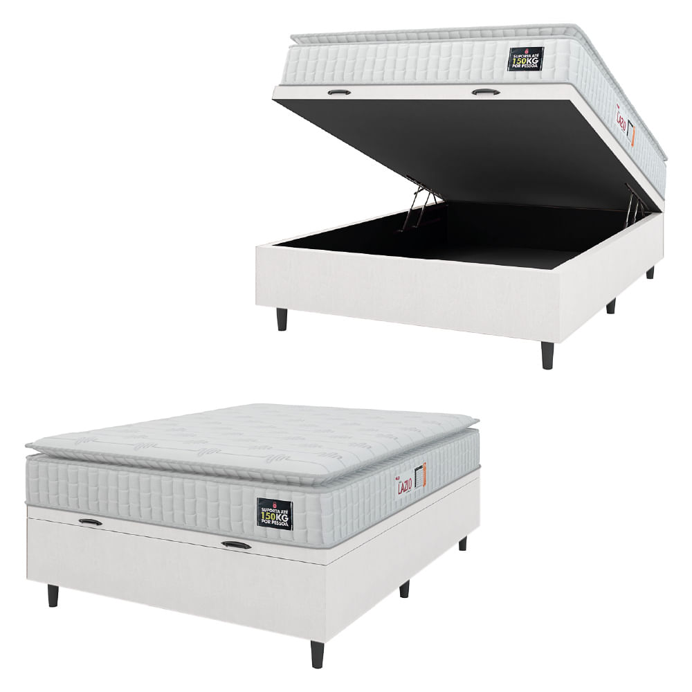 Cama Box Baú Colchão Casal Espuma D45 Lazio Pillow Top 138x188x70cm Linho Branco Hellen - Suporta Até 120kg Por Pessoa