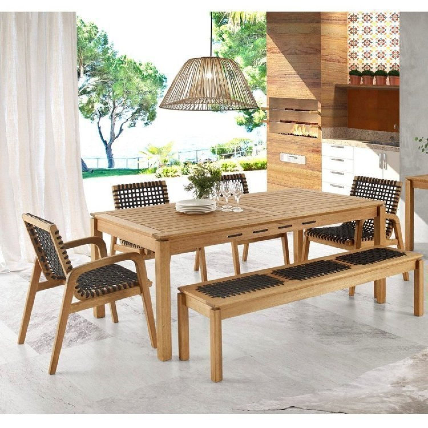 Conjunto De Jantar Para Jardim 1 Mesa 4 Cadeiras 1 Banco Com Corda Náutica Traço