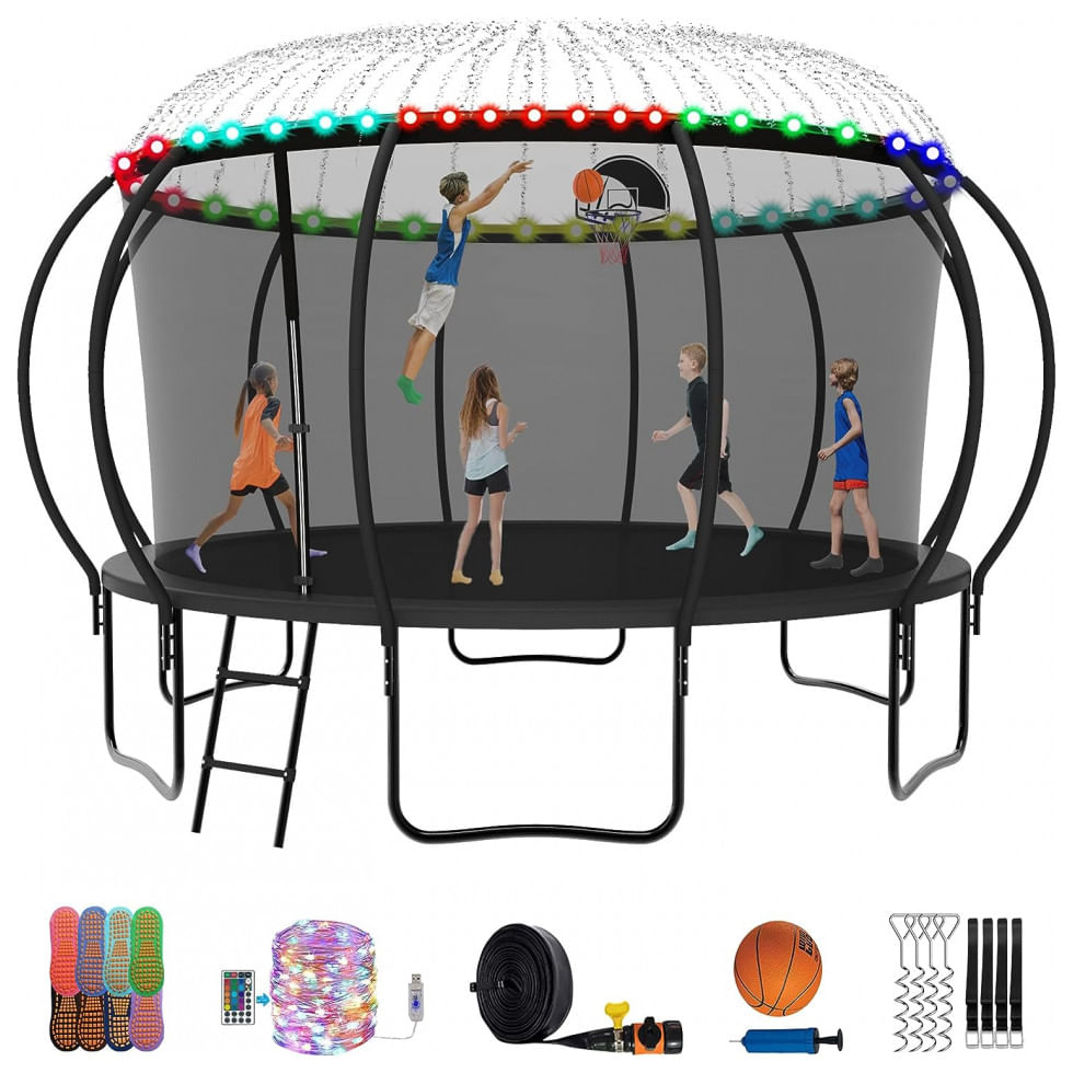 Cama Elastica Capacidade Até 680 Kg Com Cesta De Basquete, Pólos Curvos E Luz Led, Elitezip, Preto