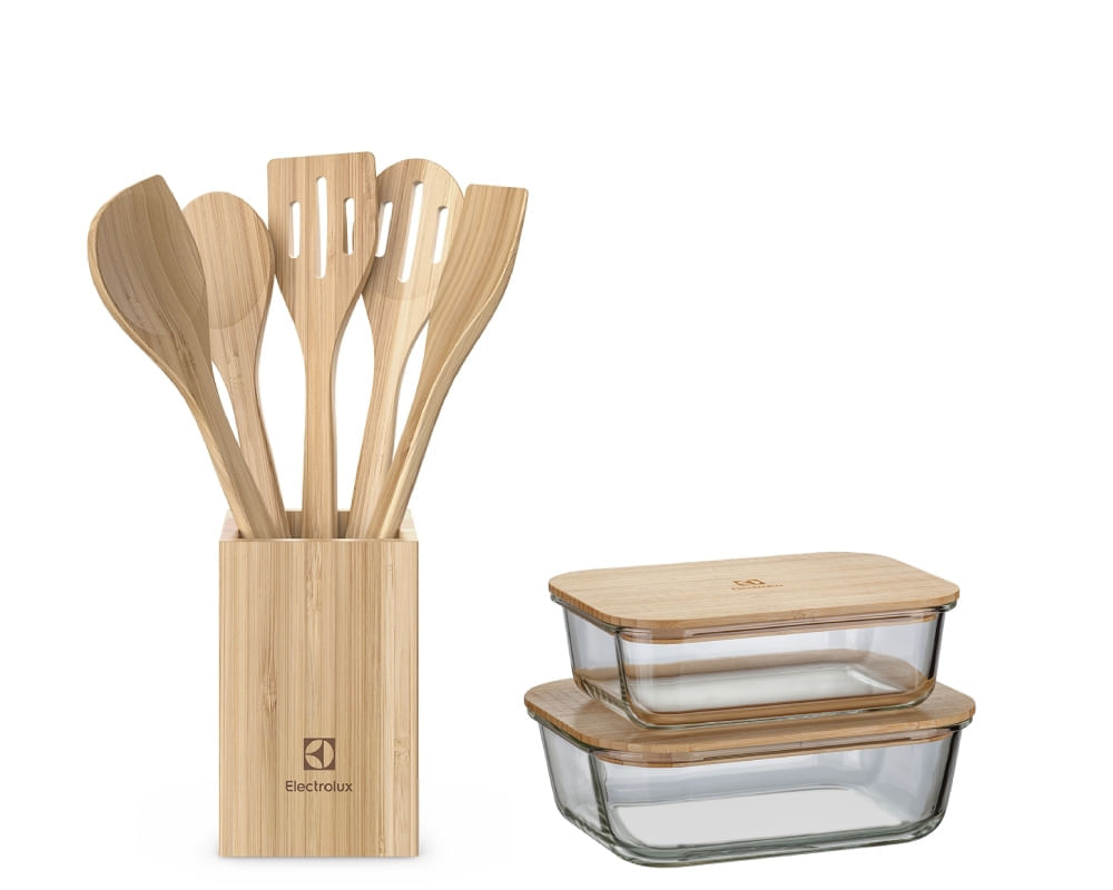 Kit Utensílios De Bambu 6 Peças + Potes Herméticos Refratários Com Tampa De Bambu Electrolux