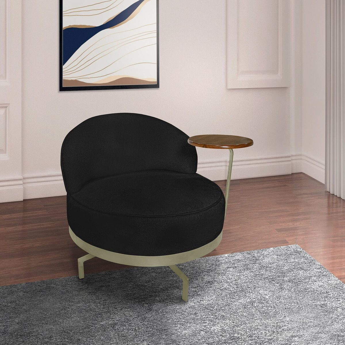 Poltrona Para Sala De Estar Normah Giratória Linho Boucle Preto