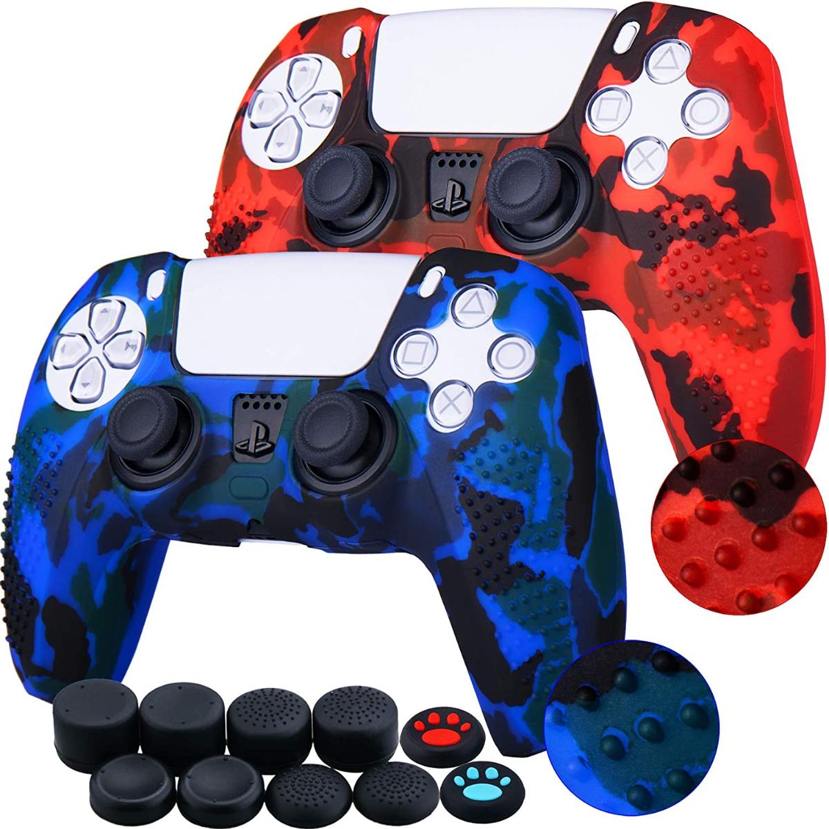 YoRHa Studded Printing Silicone Cover Skin Case para Sony PS5 Dualsense Controller x 2 (Camuflagem Vermelho+Azul) com Pro Thumb Grips x 10