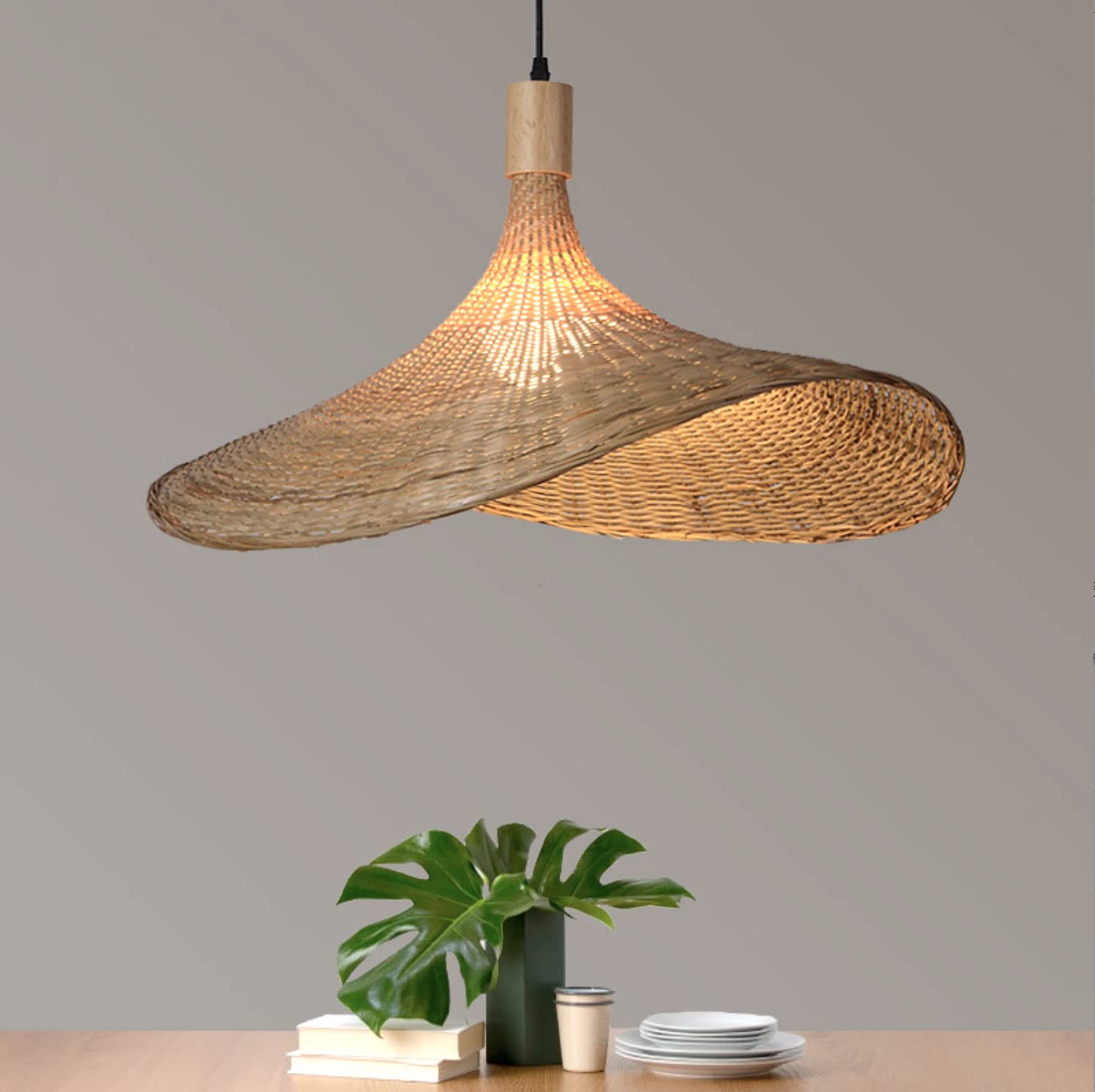 Luminária Pendente Dunmw Bamboo, Tecido À Mão, Candelabro Em Forma De Chapéu