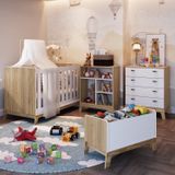 Quarto De Bebê Com Berço Cômoda Estante Com Nichos E Caixa De Brinquedos Favo De Mel