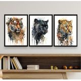 Quadros Felinos Aquarela Tigre Onça Pantera 45x34cm