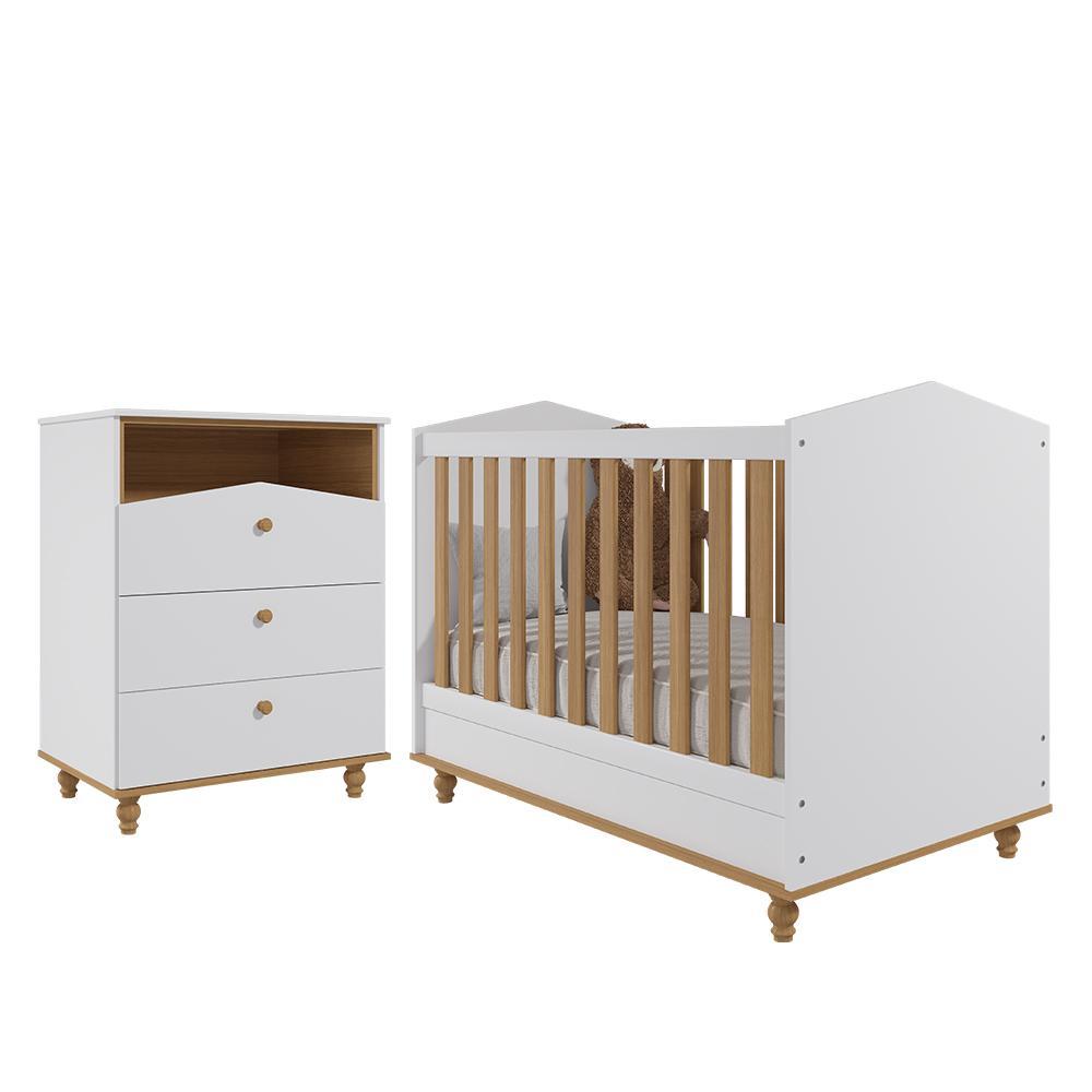 Jogo De Quarto Infantil Cômoda Casinha 3 Gavetas E Berço Americano Mimo Branco/nature - Permóbili Baby