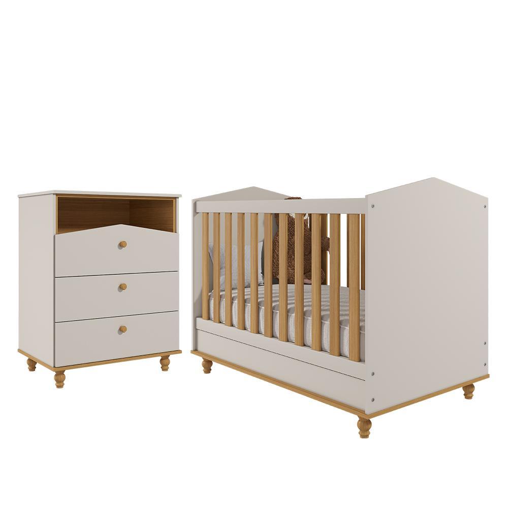 Jogo De Quarto Infantil Cômoda Casinha 3 Gavetas E Berço Americano Mimo Off White/nature - Permóbili Baby