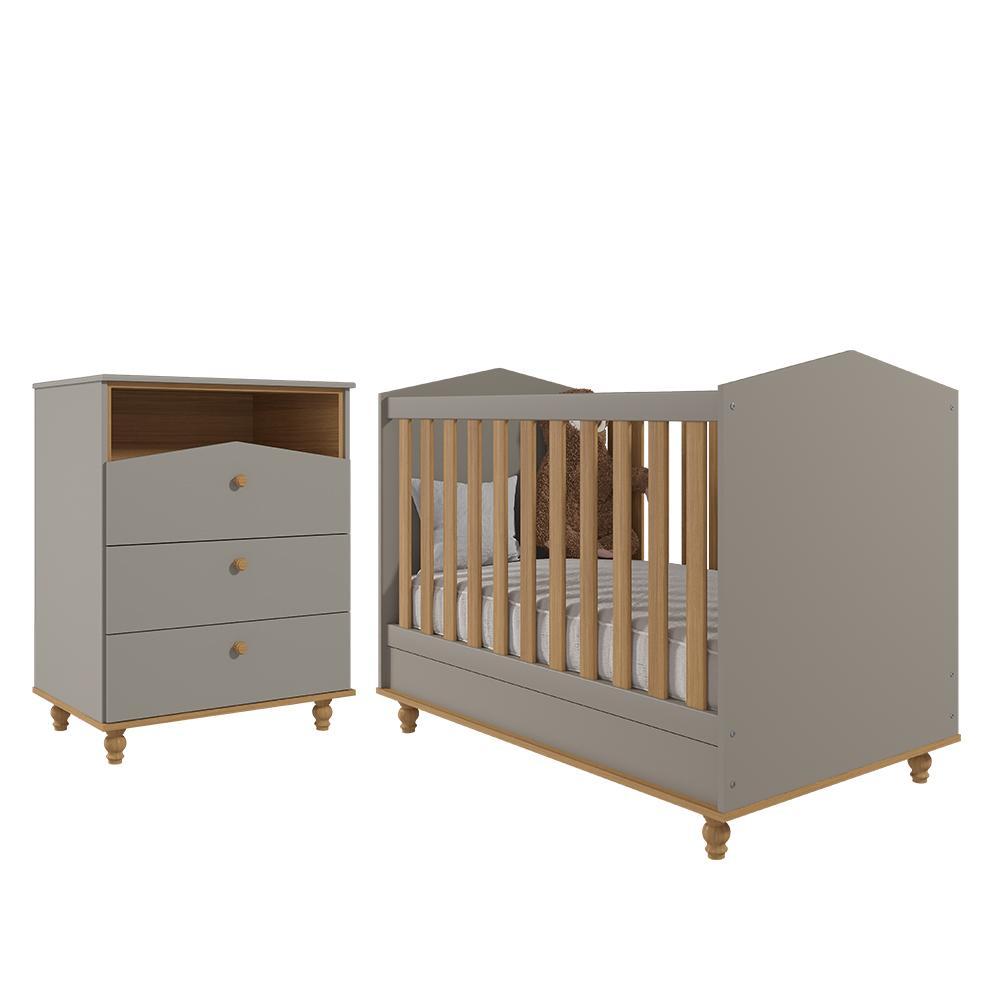 Jogo De Quarto Infantil Cômoda Casinha 3 Gavetas E Berço Americano Mimo Fendi/nature - Permóbili Baby