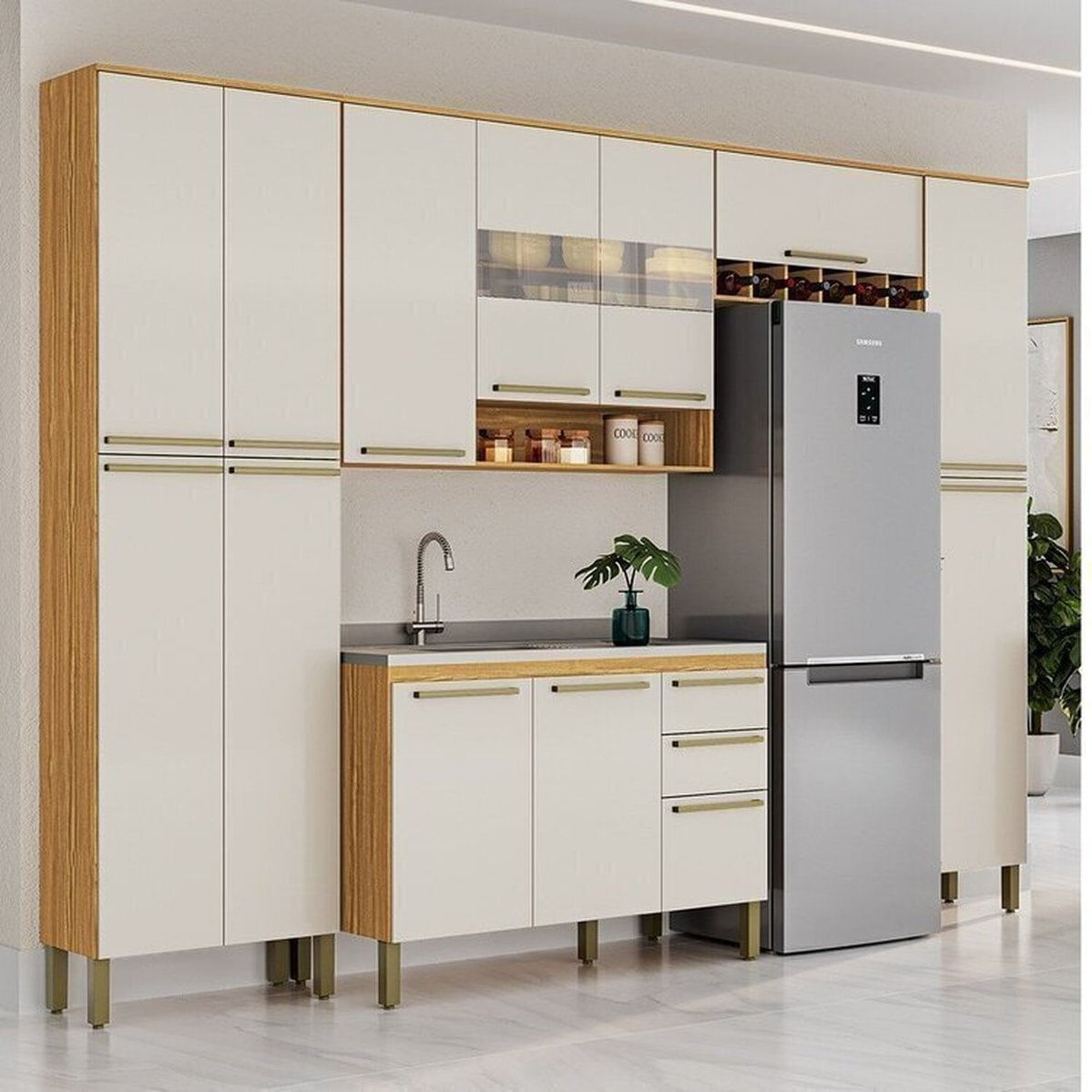 Cozinha Completa Modulada 5 Peças Sem Tampo Com Vidro Reflecta 100% Mdf Itália Espresso Móveis Amêndoa/off White