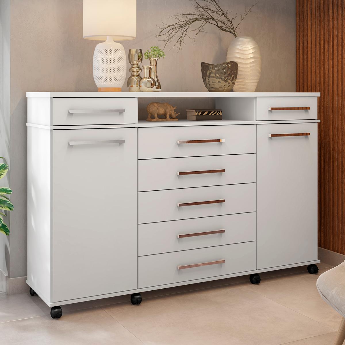 Cômoda 7 Gavetas 2 Portas 1 Cabideiro 1 Nicho Com Rodizios London - Branco