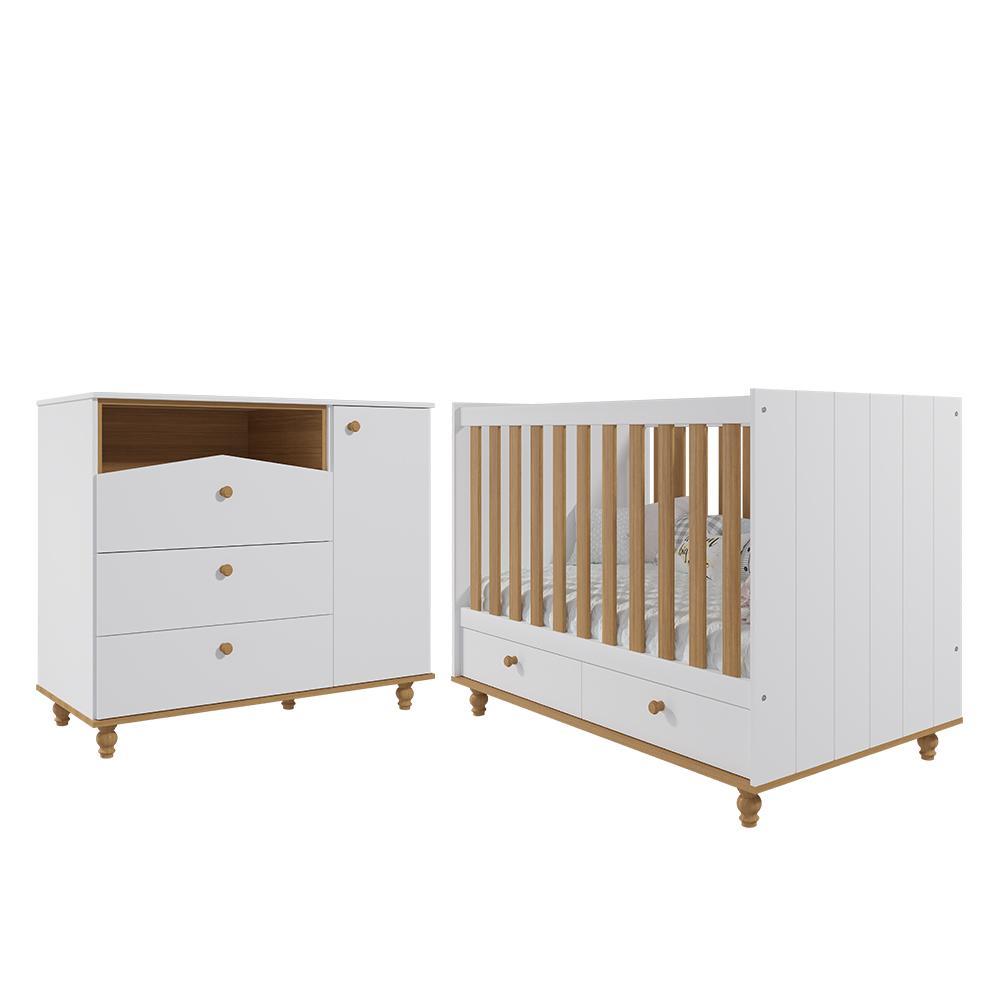 Jogo De Quarto Infantil Cômoda Casinha 1 Porta E Berço Americano Candy Branco/nature - Permóbili Baby